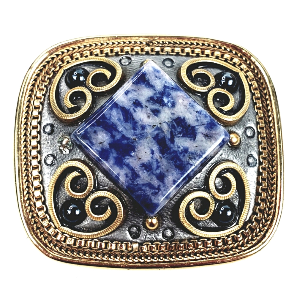 Michal Golan Blue Sodalite & Gold Filigree Necklace / Brooch w/Hearts 1.50x1.25